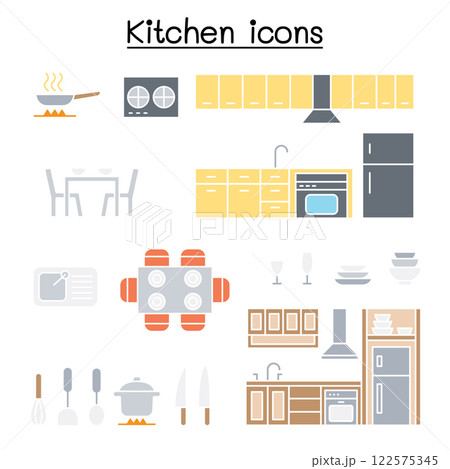 Kitchen icon set in flat color style 122575345
