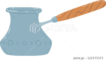 Metal cezve featuring a wooden handle and adorned with decorative circles is brewing rich Turkish coffee, filling the air with enticing aromas and warm steam 122575371