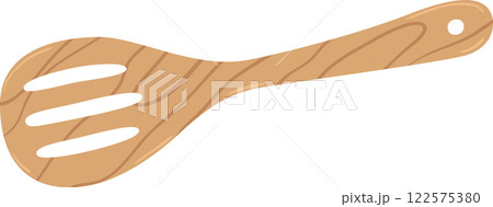 Simple vector illustration of a wooden slotted spoon with a hole for hanging, lying horizontally, isolated on a white background, ideal for cooking and food related designs 122575380