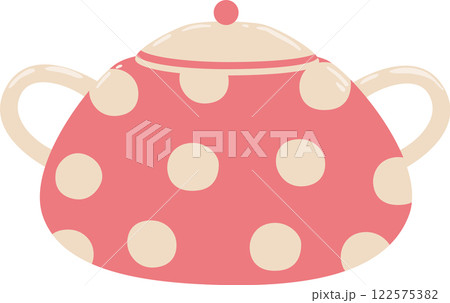 Cute pink teapot adorned with beige polka dots and a charming lid, resting on a white background, offering an ideal solution for storing and serving tea to guests 122575382