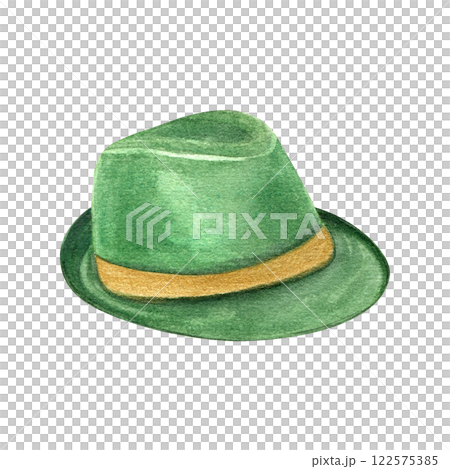 Watercolor green Borsalino felt hat with golden ribbon illustration. Tradition Patrick day headdress accessory for fancy carnival, parade. Fabric clothing element for advertising brochure, poster Watercolor green Borsalino felt hat with golden ribbon illustration. Tradition Patrick day headdress accessory for fancy carnival, parade. Fabric clothing element for advertising brochure, poster 122575385