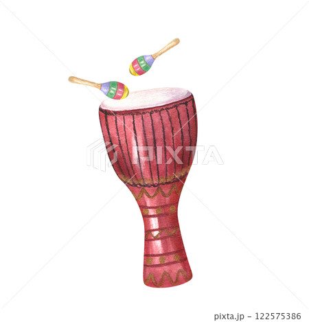 Djembe drum with two colored maraca shakers watercolor illustration isolated background. Traditional Latin and Caribbean music percussion instruments for Mardi Gras, Mexican greeting card 122575386