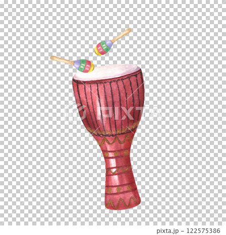 Djembe drum with two colored maraca shakers watercolor illustration isolated background. Traditional Latin and Caribbean music percussion instruments for Mardi Gras, Mexican greeting card 122575386