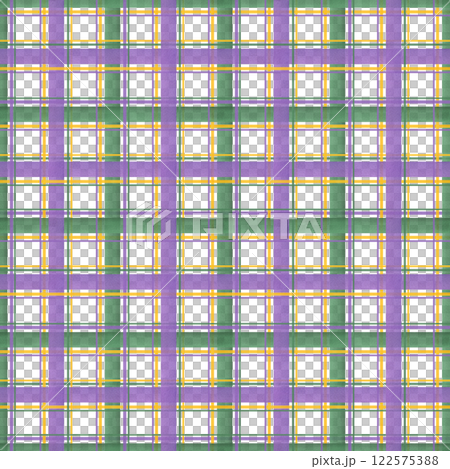 Watercolor gingham ornate seamless checkered isolated pattern in Mardi gras carnival colors. Alternating narrow and wide brush stripes illustration. Plaid tartan texture for carnival textile Watercolor gingham ornate seamless checkered isolated pattern in Mardi gras carnival colors. Alternating narrow and wide brush stripes illustration. Plaid tartan texture for carnival textile 122575388