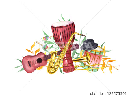 Watercolor carnival musical instruments, black hat among naive green orange leaves illustration. Guitar, saxophone, djembe drum, maraca. Brazilian, Mardi Gras festival composition for poster 122575391