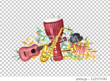 Watercolor carnival musical instruments, black hat among naive green orange leaves illustration. Guitar, saxophone, djembe drum, maraca. Brazilian, Mardi Gras festival composition for poster 122575391