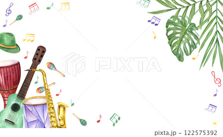 Watercolor Mardi Gras carnival accessories, music instruments, musical notes decorated with tropical leaves horizontal frame with empty space for text. Holiday illustration isolated background 122575392