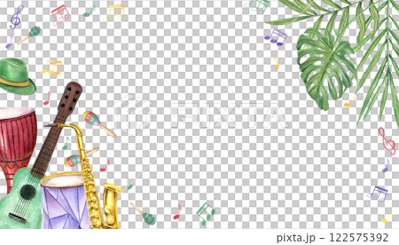 Watercolor Mardi Gras carnival accessories, music instruments, musical notes decorated with tropical leaves horizontal frame with empty space for text. Holiday illustration isolated background 122575392