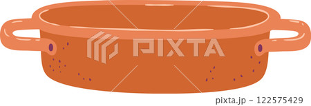 Empty terracotta oval baking dish featuring two handles adorned with purple dots, embodying traditional cookware and kitchen accessories for rustic home cooking and culinary creations 122575429