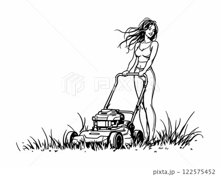 Woman Mowing Lawn Line Illustrationのイラスト素材 [122575452] - PIXTA