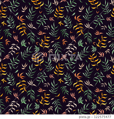 Fantasy colored leaves seamless pattern on black background. Green, orange, pink abstract simple watercolor branches ornate. Tropical summer floral illustration for kitchen textile, package decor. Fantasy colored leaves seamless pattern on black background. Green, orange, pink abstract simple watercolor branches ornate. Tropical summer floral illustration for kitchen textile, package decor. 122575477
