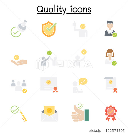 Quality, Approved, Check mark icon set in flat color style 122575505