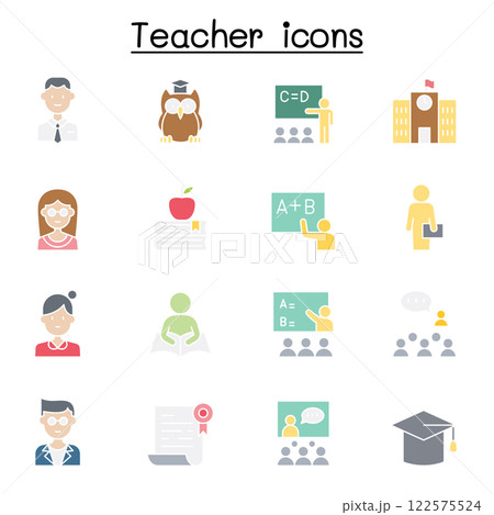 Teacher icon set in flat color style Teacher icon set in flat color style 122575524