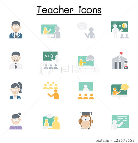 Teacher icon set in flat color style 122575555