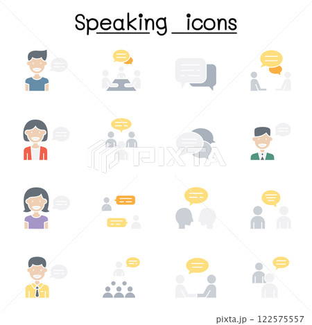 Talk, speech, discussion, dialog, speaking, chat, conference, meeting icon set in flat color style 122575557