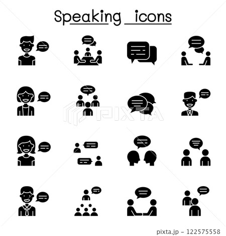 Talk, speech, discussion, dialog, speaking, chat, conference, meeting icon set in glyph style Talk, speech, discussion, dialog, speaking, chat, conference, meeting icon set in glyph style 122575558