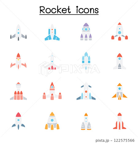 Rocket, spaceship, spacecraft icon set in flat color style 122575566
