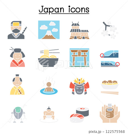 japan icon set in flat color style 122575568