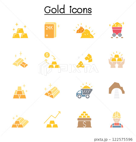 gold icon set in flat color style 122575596