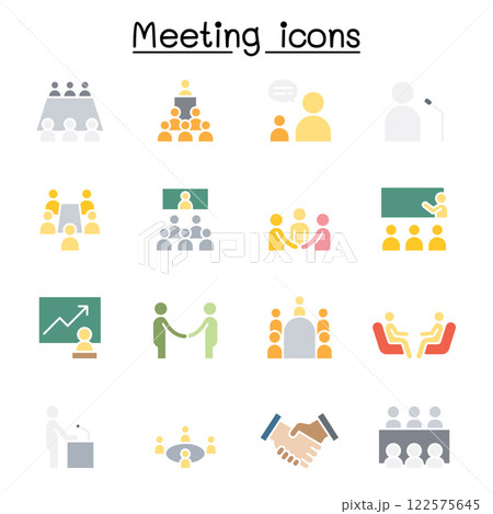 Meeting, conference, seminar, planning icon set in flat color style Meeting, conference, seminar, planning icon set in flat color style 122575645