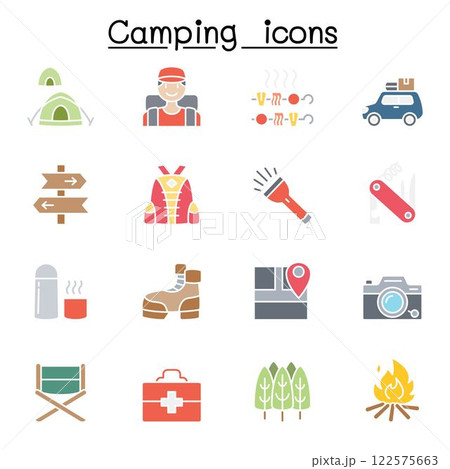 Camping and Hiking icon set in flat color style Camping and Hiking icon set in flat color style 122575663