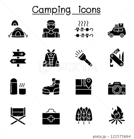 Camping and Hiking icon set in glyph style 122575664