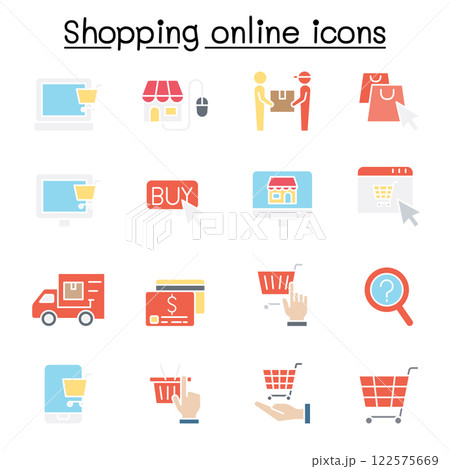 Shopping onicon set in flat color style Shopping onicon set in flat color style 122575669