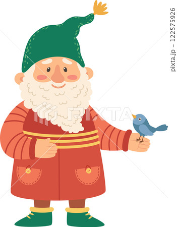 Friendly garden gnome with a long white beard, wearing a green pointy hat and an orange coat, joyfully holding a small blue bird singing in his hand, radiating charm and whimsy Friendly garden gnome with a long white beard, wearing a green pointy hat and an orange coat, joyfully holding a small blue bird singing in his hand, radiating charm and whimsy 122575926