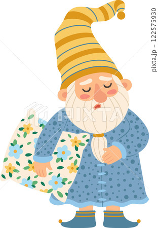 Cute gnome wearing blue nightgown and yellow striped nightcap holding pillow walking to bed, getting ready to sleep, funny fairytale character, isolated illustration on white background 122575930