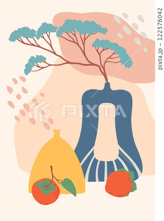 Minimalist still life composition featuring a persimmon, a bonsai tree in a blue vase, a yellow vase, and abstract shapes creating a modern and artistic aesthetic Minimalist still life composition featuring a persimmon, a bonsai tree in a blue vase, a yellow vase, and abstract shapes creating a modern and artistic aesthetic 122576042