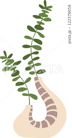 Two fresh eucalyptus branches growing in a modern striped vase, enhancing a stylish and minimalist home decor element, adding a touch of elegance and natural beauty to any space Two fresh eucalyptus branches growing in a modern striped vase, enhancing a stylish and minimalist home decor element, adding a touch of elegance and natural beauty to any space 122576058