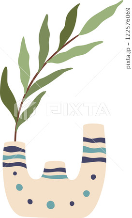 Minimalist illustration of a green branch growing from an oddly shaped beige vase with blue decorations, isolated on a white background, perfect for home decor projects or as a design element Minimalist illustration of a green branch growing from an oddly shaped beige vase with blue decorations, isolated on a white background, perfect for home decor projects or as a design element 122576069