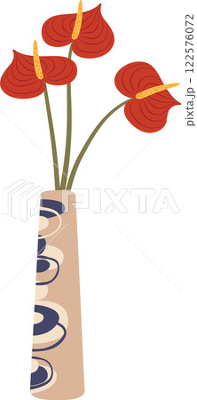 Three red anthurium flowers with yellow pistils standing in a beige ceramic vase decorated with blue and light brown circles on a white background 122576072
