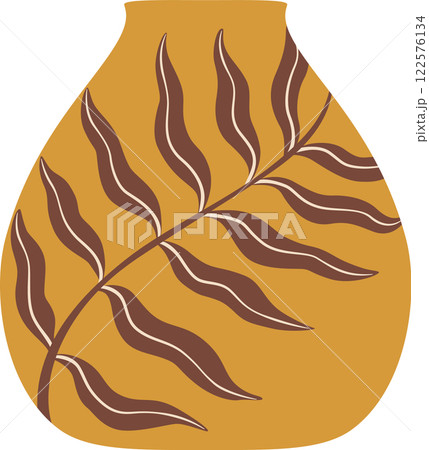 Modern and minimalist yellow vase with stylized brown leaf representing elegance, simplicity, and connection with nature, perfect for interior design and home decor Modern and minimalist yellow vase with stylized brown leaf representing elegance, simplicity, and connection with nature, perfect for interior design and home decor 122576134