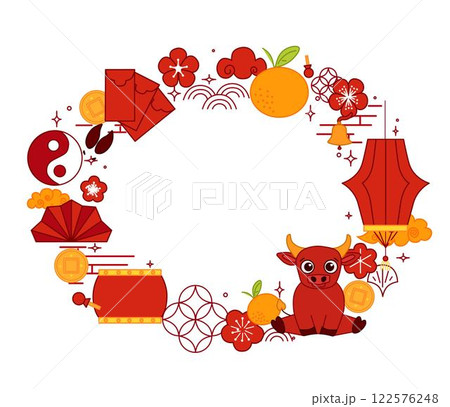 Chinese new year of bull 2033 oval frame template for your text. CNY lunar lantern festival related objects vector graphic illustration 122576248
