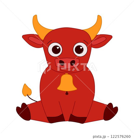 Funny cute baby bull with bell on neck graphic line vector character. Chinese lunar new year 2033, lantern festival mascot 122576260