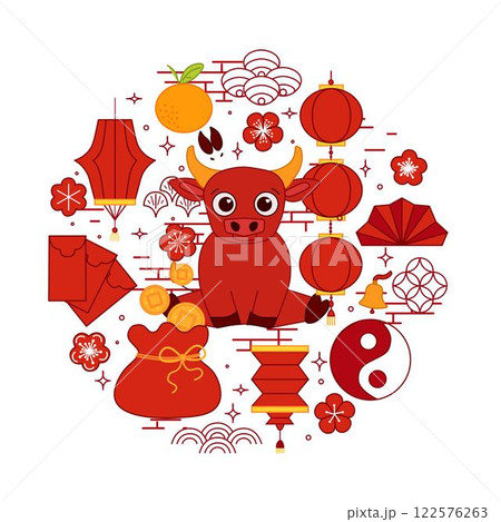 Creative Chinese new year 2033 bull round circle composition with graphic vector traditional chinese elements and decorations in red.  lunar  lantern festival mascot 122576263
