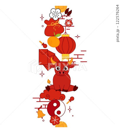 Traditional China new year elements seamless vertical border 2033 year of bull Isolated. Graphic line Vector Illustration. Lunar New Year lantern festival Decorative Banner.  122576264