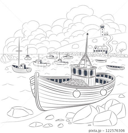 Black and white drawing of a coastal fishing harbor with boats and a lighthouse 122576306