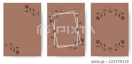 Set of frame posters decorated with leaves on elegant branches. Botanical vector templates. 122576319