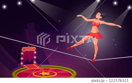 Circus performance. Acrobatic show on circus area exact vector cartoon background with athletic equilibrists show 122576321