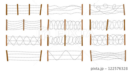 Barbed wire. Prison fences with different types of barbed wire recent vector military or danger zone metal walls 122576328