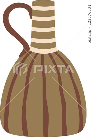 Brown ceramic jug featuring a handle and striped neck, reflecting ancient traditions and artisanal craftsmanship, enhancing historical or cultural settings with its rustic charm Brown ceramic jug featuring a handle and striped neck, reflecting ancient traditions and artisanal craftsmanship, enhancing historical or cultural settings with its rustic charm 122576331