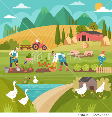 Farm landscape. Rural background with countryside houses and village backgrounds recent vector illustration template 122576332