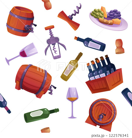 Wine pattern. alcohol red and white wines and winery tools jars and barrels. vector seamless background Wine pattern. alcohol red and white wines and winery tools jars and barrels. vector seamless background 122576341
