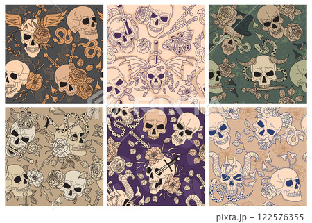 Skull pattern. Seamless background with creepy head skull recent vector template Skull pattern. Seamless background with creepy head skull recent vector template 122576355
