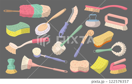Cleaning brushes. Mops sponge household equipment for home cleaning recent vector flat illustrations set 122576357