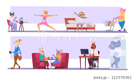 Animals shoppers. Happy animals walking in market exact vector anthropomorphic characters shopoholic 122576362