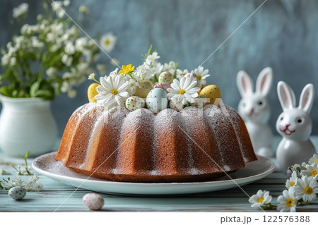Bundt cake topped with powdered sugar, pastel eggs, and daisies, surrounded by ceramic rabbits 122576388