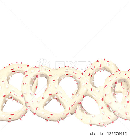 Seamless board with pretzels twist covered white chocolate with peppermint pieces by watercolor 122576415
